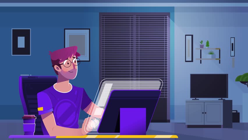 This video shows a person using a computer—either in an office or home environment—engaged in typing, browsing, or working. 2d animation, cartoon, motion