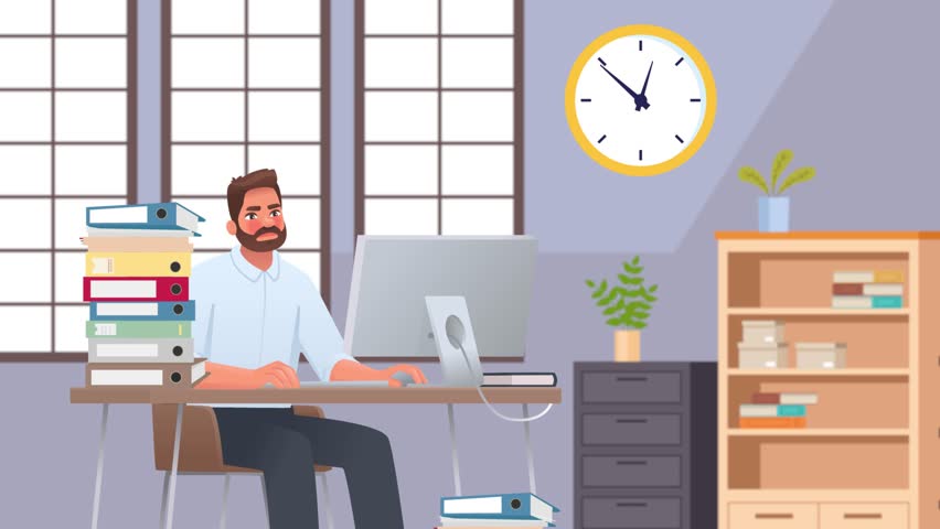 This video shows an office environment where a professional is working with files and a computer. It highlights multitasking, document management, 2d animation, cartoon, motion
