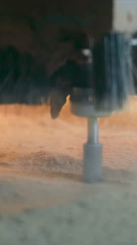 The carving of wood on a table with an automated cutting system. Close-up of a milling cutter that cuts a pattern on wood
