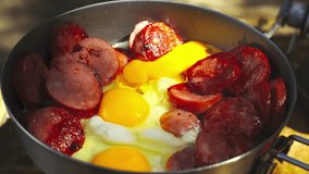 Savory sausages and fresh eggs sizzle together in a cast iron skillet. The aroma fills the air as the sun shines, creating a perfect outdoor culinary experience. - Powered by Shutterstock - Get 15% off with code: PIKWIZARD15