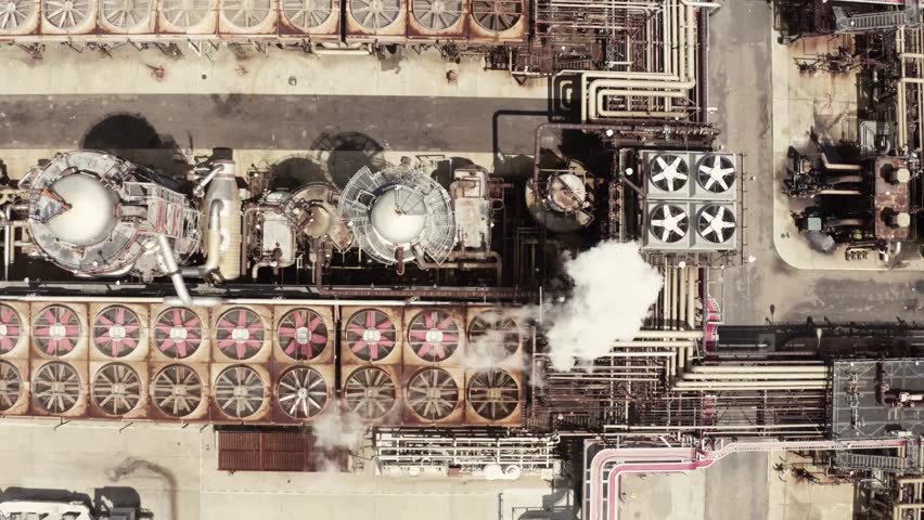 Top-down drone view of a massive industrial facility with intricate pipework and circular structures.