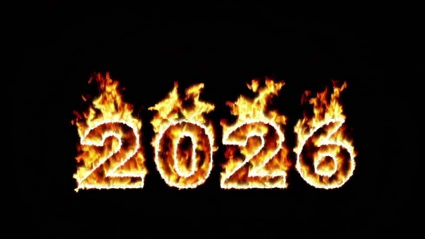 2026 number made of burning fire flame on a dark background,looped animation 4K.