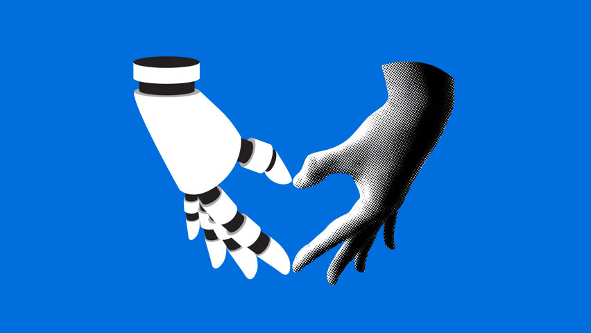 Collage with halftone human and robot hand folded into shape heart. Touching human and prosthetic hand. Cyborg and human arm show heart together. Human and artificial intelligence collaboration