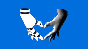 Collage with halftone human and robot hand folded into shape heart. Touching human and prosthetic hand. Cyborg and human arm show heart together. Human and artificial intelligence collaboration - Powered by Shutterstock - Get 15% off with code: PIKWIZARD15