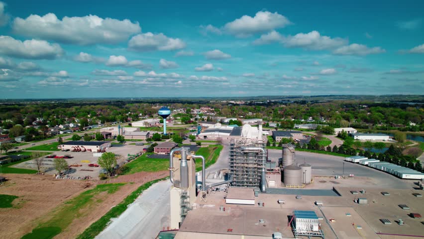 Wisconsin industrial plant set in a small-town landscape, with residential neighborhoods and bright skies.