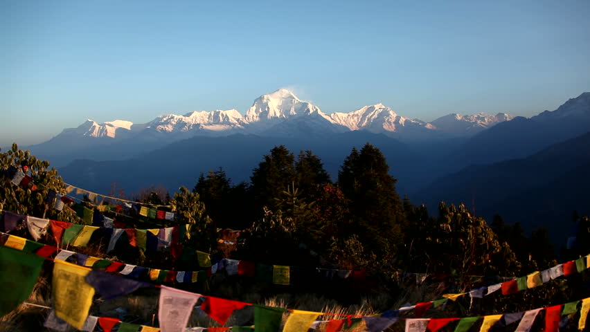 Himalayan Mountain Peak Buddhist Prayer Flags In Nepal. Dhaulagiri is 8167m or