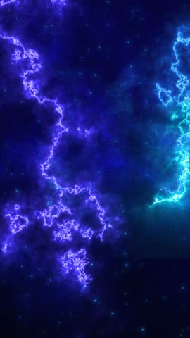 Electric purple lightning bolts streaking across a dark blue starry sky in a cosmic abstract style