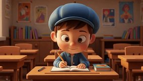 Cute 3D Cartoon Child Writing in Classroom, Warm Light, Smiling at Camera. - Powered by Shutterstock - Get 15% off with code: PIKWIZARD15