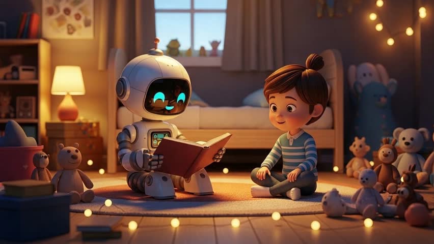 Cute Robot Reading a Story to Child at Bedtime, 3D Cartoon Style.