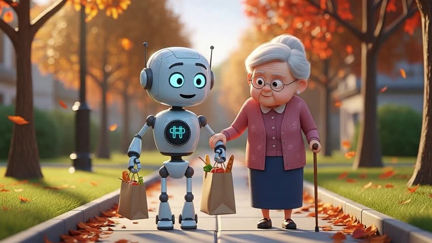 3D Robot Helping Elderly Woman Carry Groceries, Autumn Cartoon Scene.