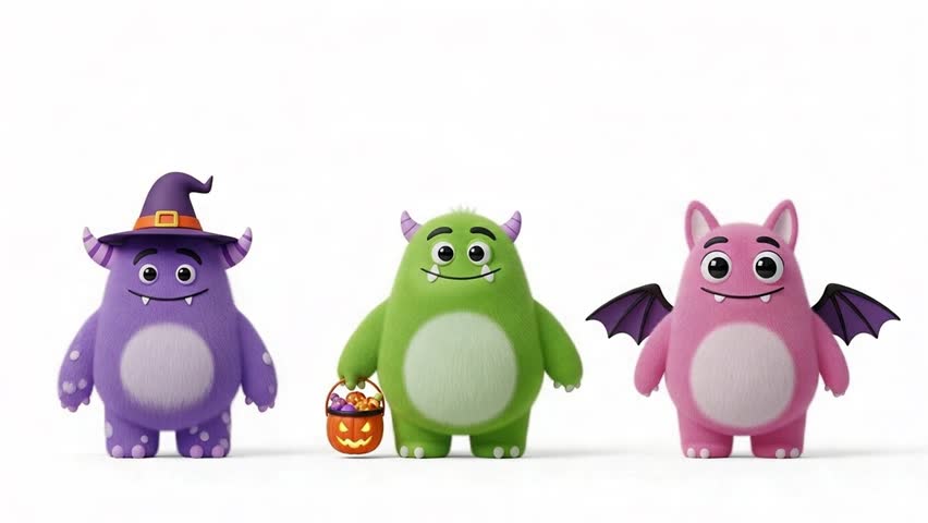 Cute 3D Halloween monsters dancing, wish card concept on a clean white background.