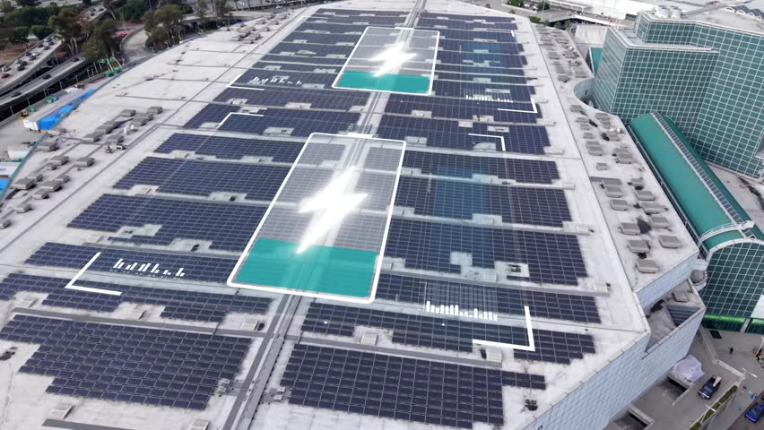Aerial of large solar panel grid with VFX motion graphics of battery icons layout over Los Angeles Convention