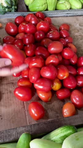 A woman's hand selects fresh tomatoes at a fruit and vegetable vendor's table at the market.