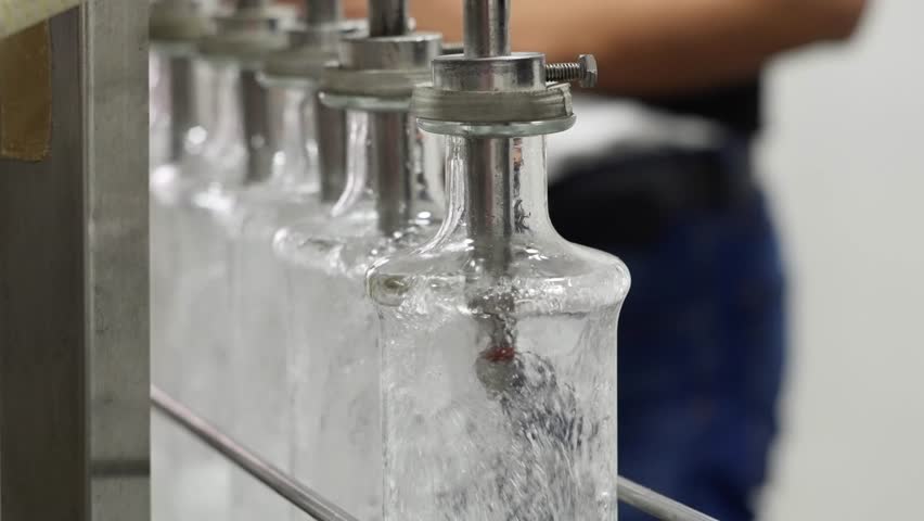 Industrial close-up of clear glass bottles filled with mezcal on a factory production line.