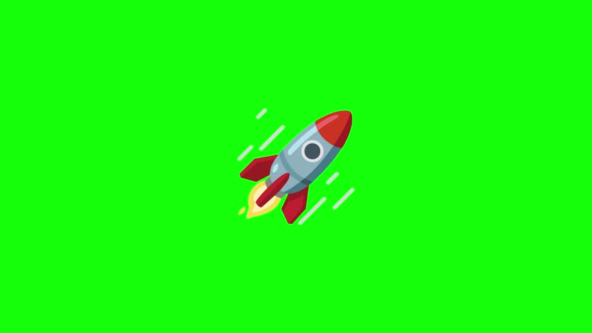 A 2D rocket emoji  launching upward with animated flames and smoke, on a solid bright green background (green screen for chroma key), smooth motion, emoji style, cartoon aesthetic, clean design.