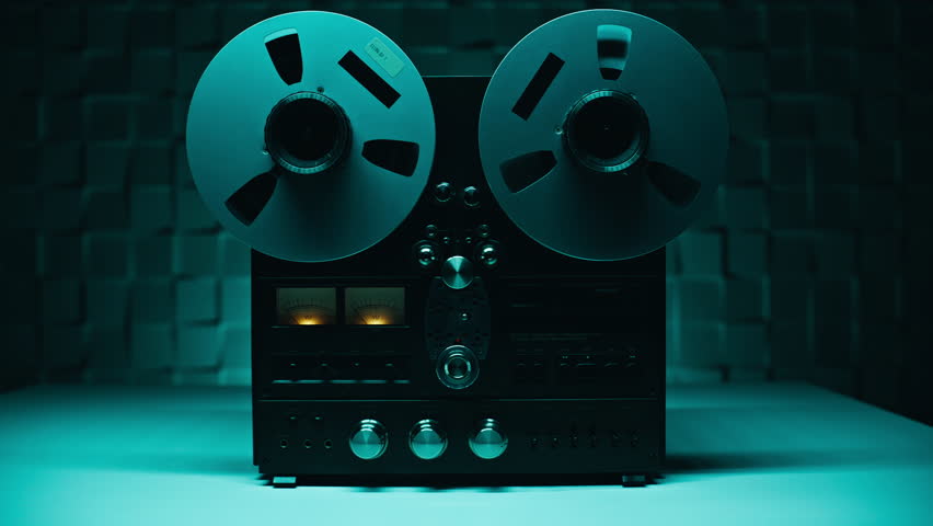 Hand starting recording process at reel tape device in dark studio closeup zoom in. Unrecognizable listener pressing buttons on vintage sound recorder starting rec. Retro reel-to-reel player working.