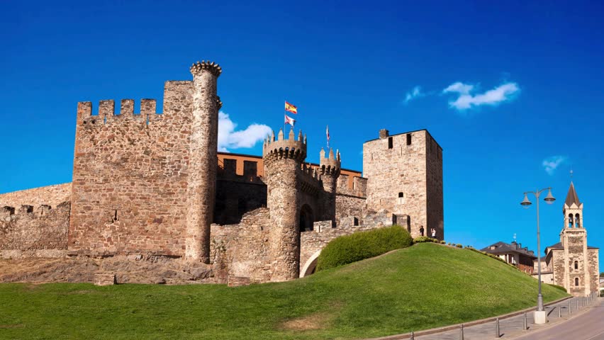 PONFERRADA, LEON, SPAIN - CIRCA AUGUST, 2022: The castle of the Templar knights of Ponferrada, a city along the Camino de Santiago (The Way of St. James).PONFERRADA, SPAIN - Jul 20, 2021: The entrance