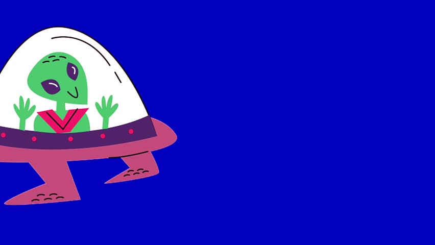 Cartoon alien in his ufo ship on black and blue background.
