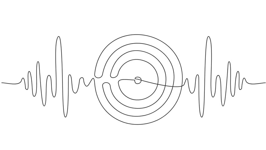 Animated self drawing of continuous line draw Vinyl LP record with musical notes. Vintage black disk and Retro sound album. Full length one line animation. 4K	