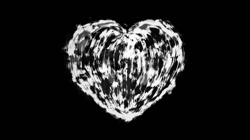 Beating heart 2d animation. Motion graphics with drawn a symbol of love and health. Animated video clip. Black and white abstract background. Grunge, ink, noise, coal effects.