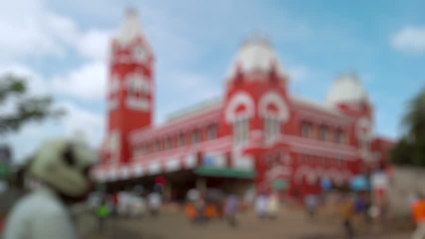 Bokeh view of Chennai Central railway station in Chennai, India. Blurred background footage.