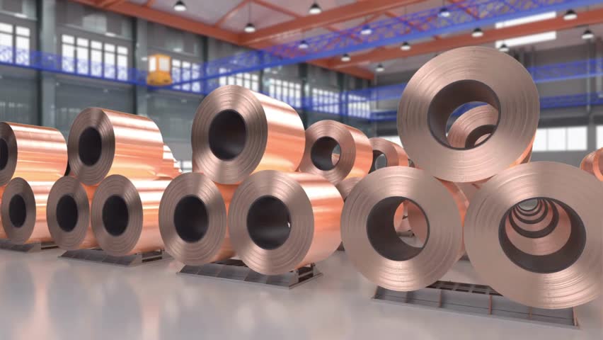 The image showcases a large industrial warehouse filled with stacks of copper sheets rolled into massive cylinders. The copper rolls, with t