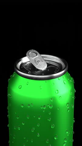 Opening tall green soda can mockup from close-up view as lights fade in on black background. Blank template for product design, branding, packaging, minimal modern style metallic surface