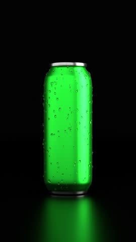 Opening tall green soda can mockup transitioning from close-up to wide shot as lights fade in on black background. Blank template for product design branding packaging minimal modern metallic surface