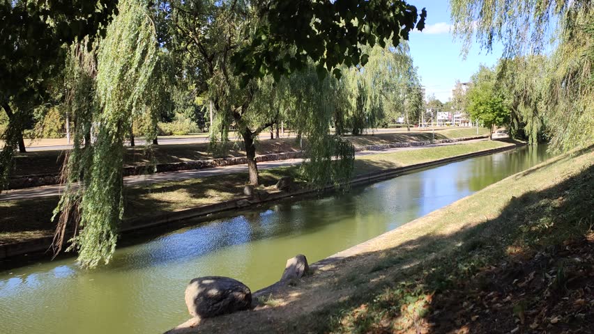 Willows and birch trees grow on the grassy banks of the canal with boulders, which are reflected in the water Nearby are buildings and pedestrian paths with a parapet Sunny autumn weather and blue sky