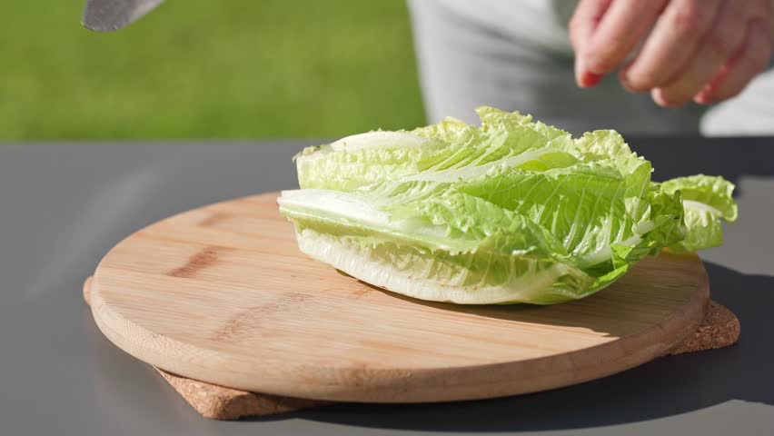 chef cuts fresh green romaine lettuce leaves on cutting board to prepare a healthy salad. outdoor cooking, food closeup