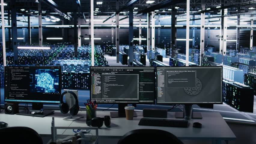 Data center PC screens monitoring backend hardware performance used in AI LLM model development and automation workloads. Workstation monitors overseeing server rigs equipment
