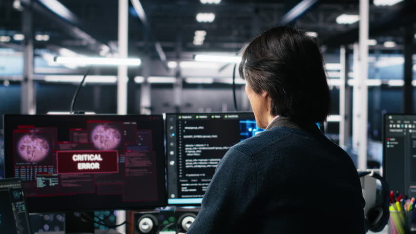 Team of engineers in data center struggles with malfunctions while using AI tools. Frustrated teamworking server hub colleagues try to fix system errors while using artificial intelligence, camera A