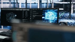 Monitors in data center displaying AI tech software interface monitoring infrastructure health. Visual programming systems on PCs helping identify malfunctions in server hub equipment - Powered by Shutterstock - Get 15% off with code: PIKWIZARD15
