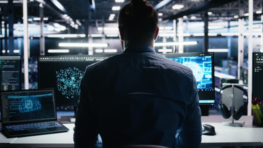 Server room technician stretching sore back while using AI at desk. Fatigued IT expert in data center relaxing strained muscles, feeling backache while using artificial intelligence, camera A - Powered by Shutterstock - Get 15% off with code: PIKWIZARD15