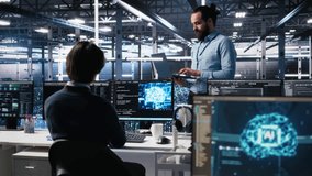 Manager supervising work of server room engineer using AI to review infrastructure diagnostics on devices. Tech company supervisor overseeing IT expert in data center analyzing data using AI, camera A - Powered by Shutterstock - Get 15% off with code: PIKWIZARD15