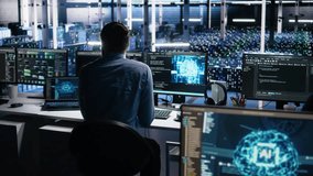 Data center computer scientist using PC to monitor neural network using AI LLM. IT expert at work using artificial intelligence to oversee servers powering machine learning, camera A - Powered by Shutterstock - Get 15% off with code: PIKWIZARD15