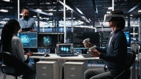 Programmer using VR goggles in data center, coding with generative AI assistance. IT specialist using virtual reality, leveraging artificial intelligence large language model to solve tasks, camera A - Powered by Shutterstock - Get 15% off with code: PIKWIZARD15