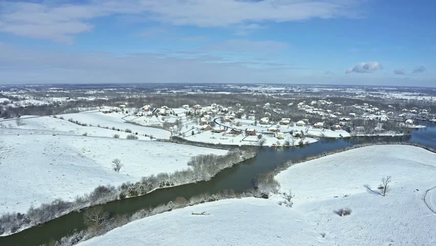 Aerial view of a residential neighborhood by the lake in Central Kentucky in winter
