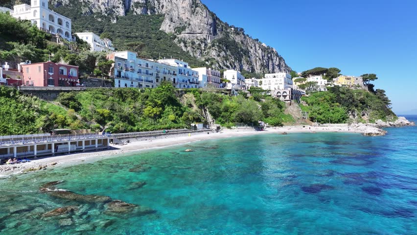 Island Of Capri At Naples In Campania Italy. Coastal City. Waterfront Landscape. Island Of Capri At Naples In Campania Italy. Beach Scenery. Medieval Buildings. Capri Skyline.