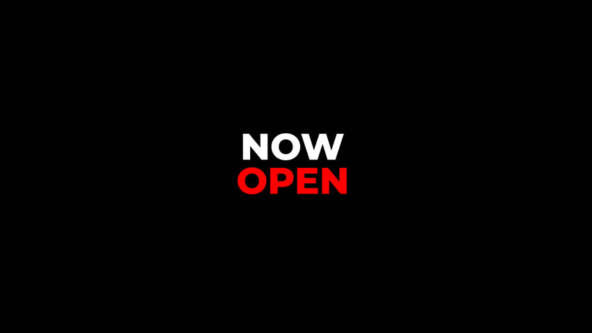 Modern animated text "NOW OPEN" with bold bounce and fade-in effect on transparent background. Perfect for store openings, events, promotions, or business announcements.