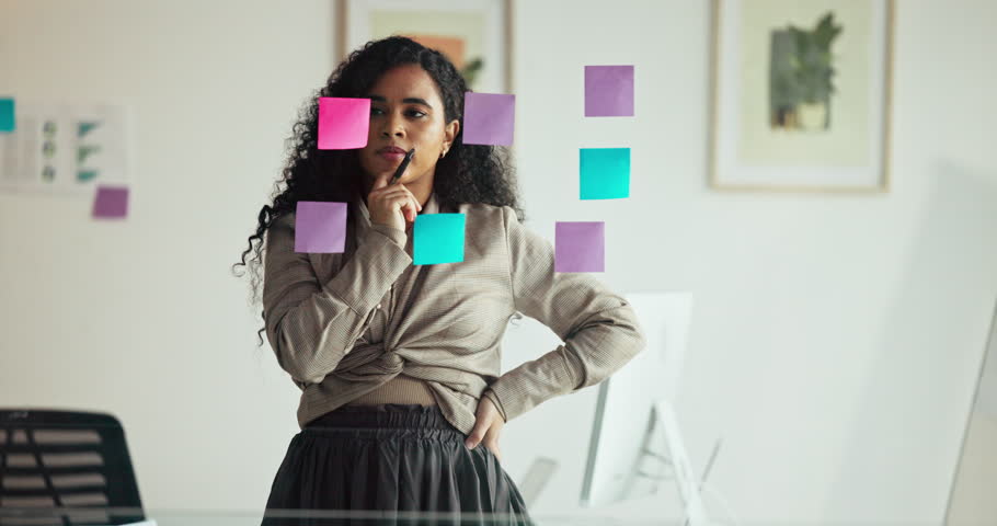 Glass board, thinking and woman in workplace, decision and planning for article, news report and ideas. Choice, person and journalist with opportunity, sticky notes and problem solving with solution