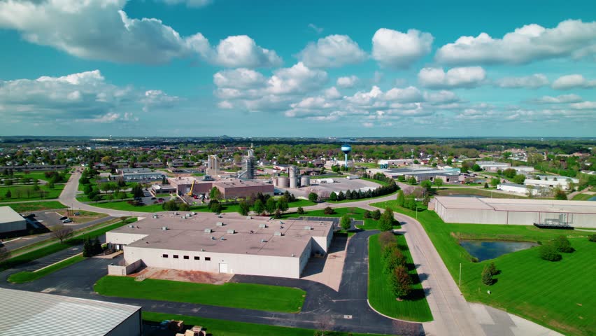 Aerial view of a small industrial zone in Wisconsin under a bright blue sky, surrounded by green spaces and warehouses.