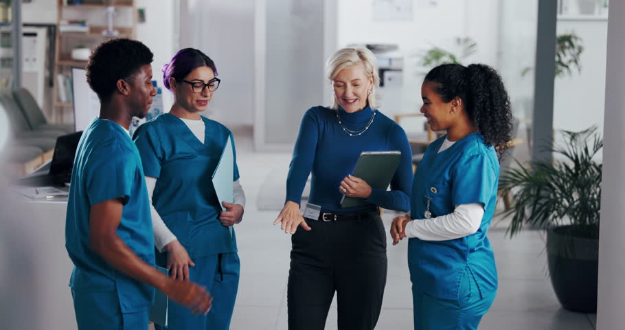 Women, hands stack and surgeon team at hospital, goals and motivation for healthcare services in lobby. People, happy and nurse in group huddle for celebration, collaboration and success at clinic