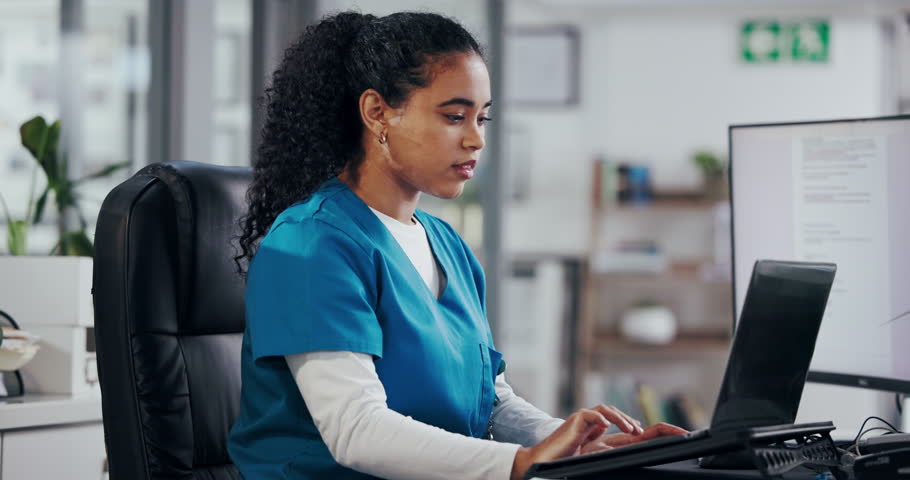 Nurse, woman or typing on laptop at reception to schedule appointment, health report or test results. Medicine, professional and computer screen for hospital administration or review medical database