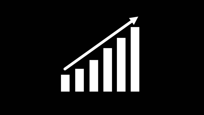 Animated white bar graph with an upward arrow on a black background. Minimalist icon animation showing growth, ideal for business and finance videos.