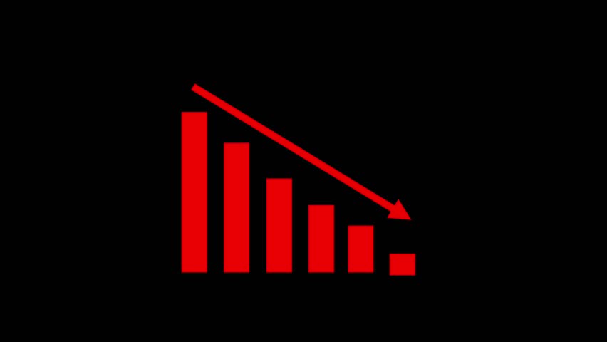 Animated red bar graph with a downward arrow on a black background. Minimalist icon animation showing decline, ideal for business and finance videos.