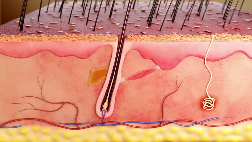 Hair loss, atrophy of hair follicles, damaged hair, oily scalp, increased dandruff, causing many hairs to fall out, bald male before and after hair loss. Shampoo conditioner advertising, 3d animation.
