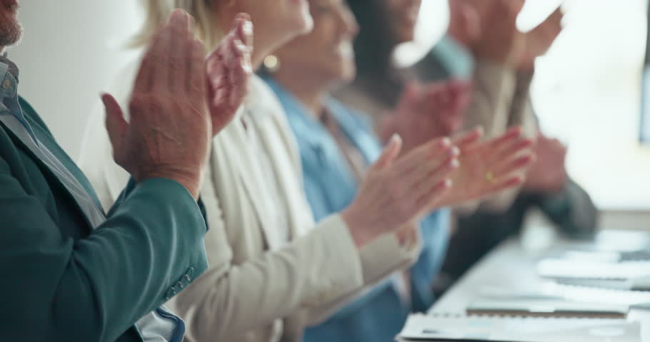 Clapping hands, business panel or people in meeting for corporate training, expo success or seminar. Conference, keynote speakers and applause in workshop for career development or upskill convention