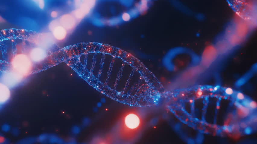 DNA Helix Structure rotating. Genetics, Gene Sequencing, Molecular Biology Science, Gene Expression Mutation. Futuristic color.