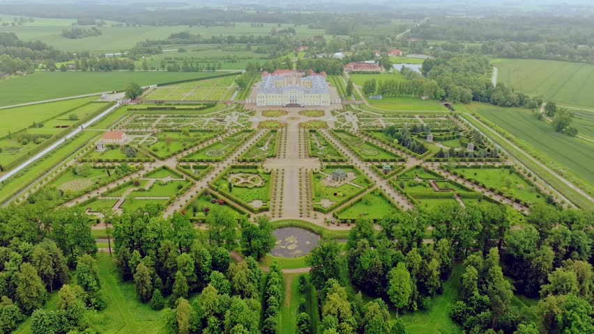 Baroque architecture and formal French garden seen in summer flight over Latvia